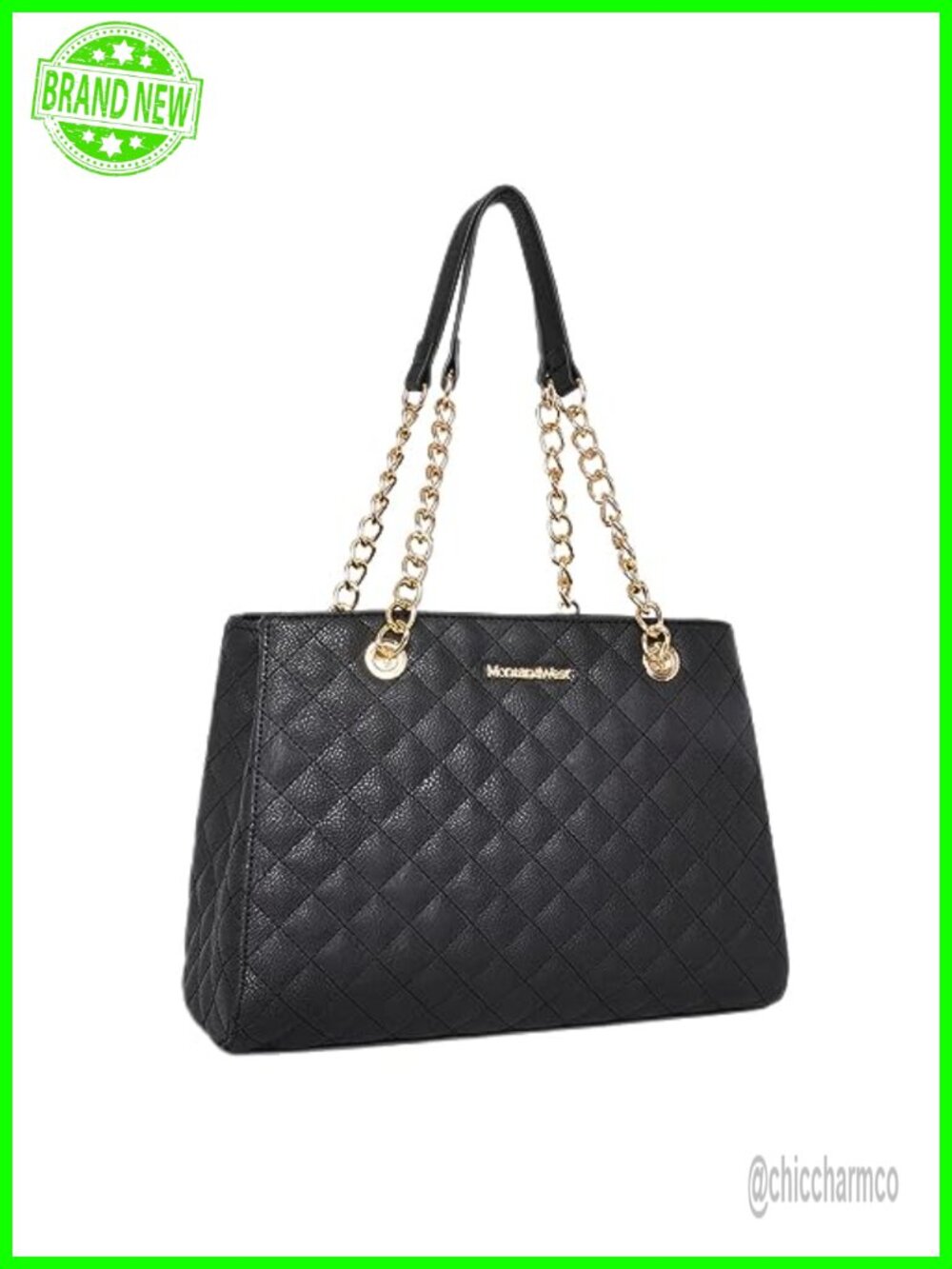 Quilted Tote Bag with Gold Chain Shoulder Strap Medium Shoulder Purse
